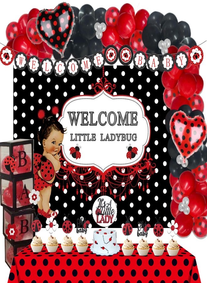 Fiesec 125 PCs Ladybug Baby Shower Decorations, Fiesec Ladybug Baby Shower Supplies Welcome Little Ladybug Backdrop Balloon Garland Banner Tablecloth Cake Topper Walking Balloon Polka Dots Heart Flower - Image 1